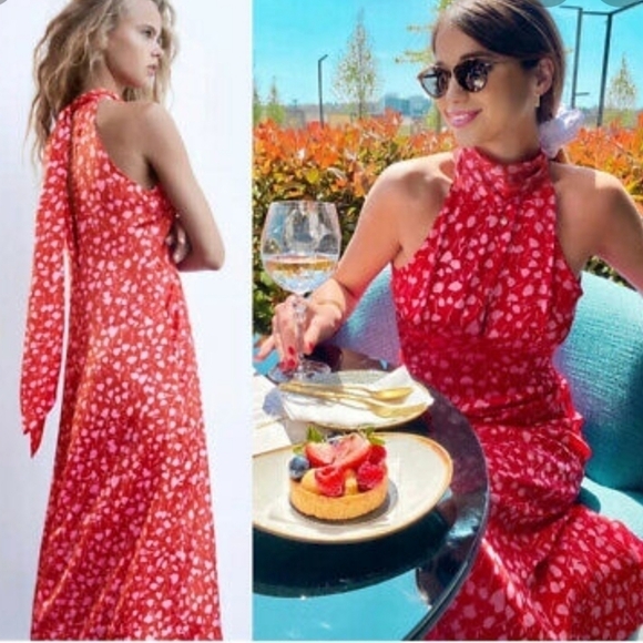 New Zara Printed Tie Halter Neck Sleeves Blogger Favorite Red/Pink Midi Dress XS - Picture 1 of 13